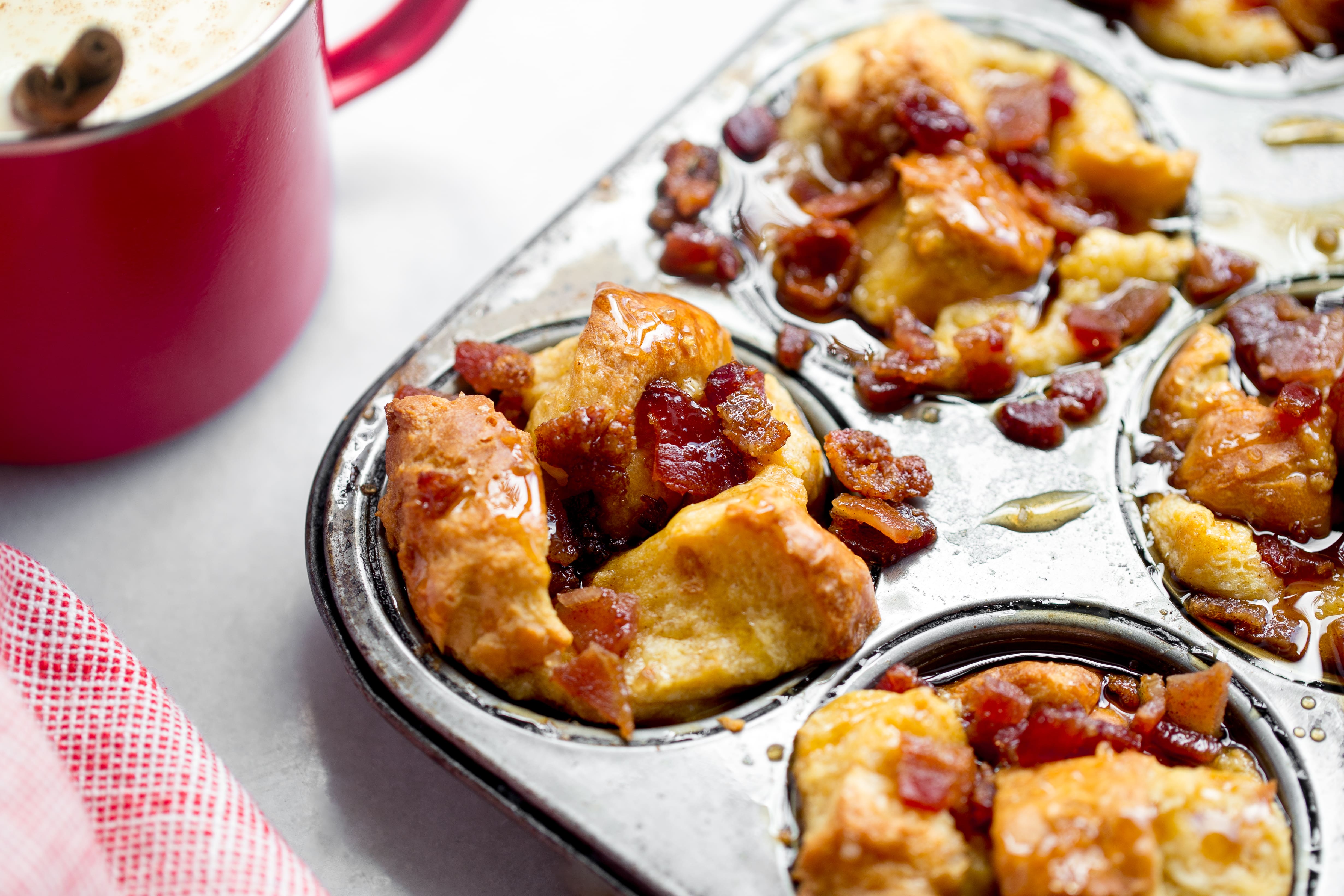 Eggnog French Toast Muffins with Candied Bacon