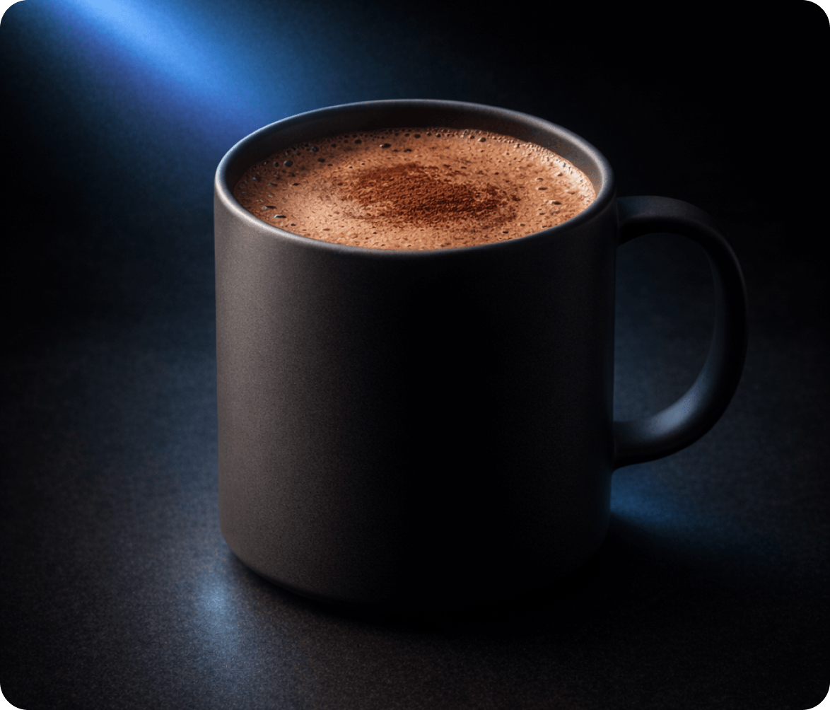 A cozy mug of Post Flight Recovery Cocoa in a brown minimalist mug, a beam of blue light reflects off the mug.